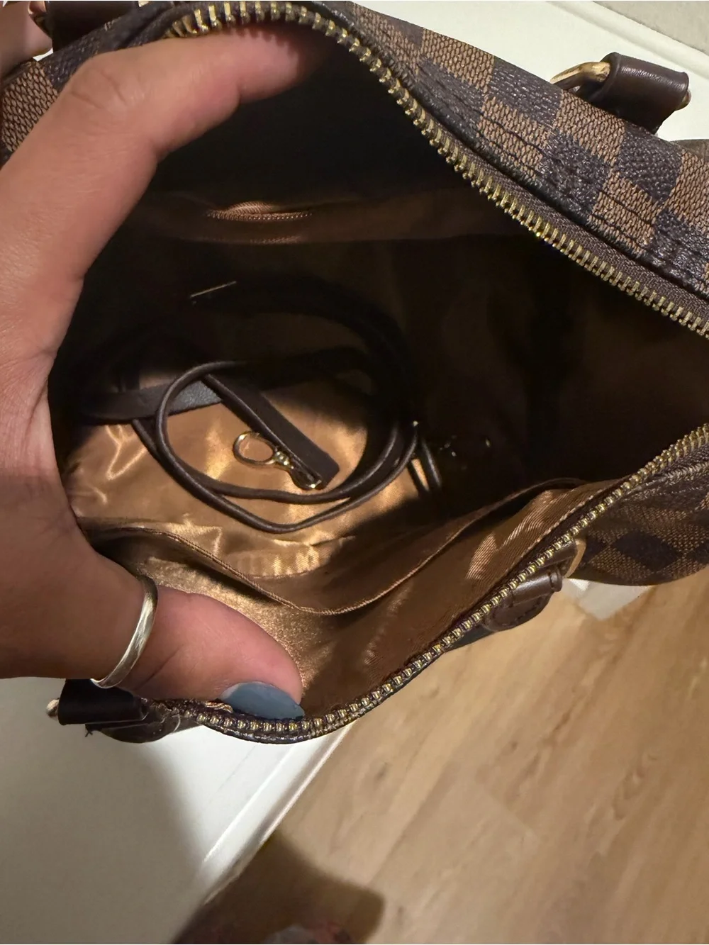 Designer inspired Brown checkered Mini Satchel with Gold Hardware